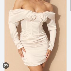 New Champagne Satin Drape Bardot Sleeve Ruched Back Bodycon Dress Size 10